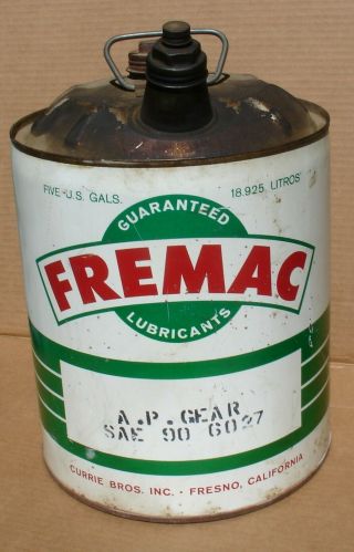 Vintage Fremac 5 Gallon Oil Can Currie Bros.  Fresno California