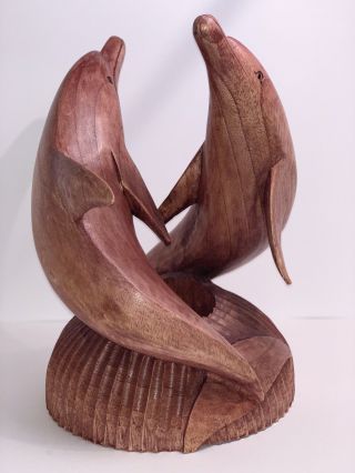 Vintage Hand Carved Wood Dolphins Playing In Circle Motion
