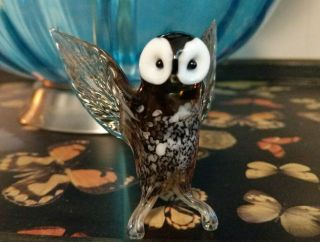 Blown Glass Art Owl Collectible Figurine Murano Style Brown White
