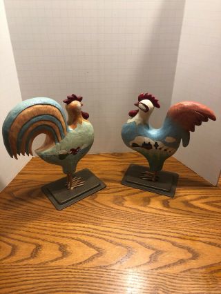 Two Russ Berrie Rooster Figurines On Metal Base Hand Painted Farmhouse Design