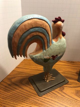 Two Russ Berrie Rooster Figurines on Metal Base Hand Painted Farmhouse Design 2