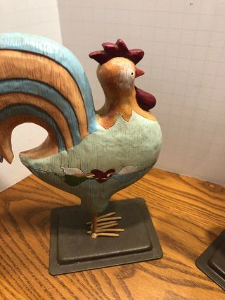 Two Russ Berrie Rooster Figurines on Metal Base Hand Painted Farmhouse Design 3