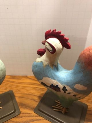 Two Russ Berrie Rooster Figurines on Metal Base Hand Painted Farmhouse Design 4