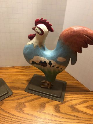 Two Russ Berrie Rooster Figurines on Metal Base Hand Painted Farmhouse Design 5