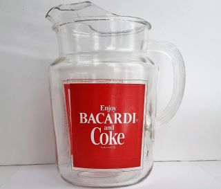 Bacardi Coke Large Glass Pitcher 2.  5 Quart Enjoy Bacardi Rum And Coca - Cola