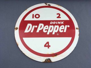 Vintage Drink Dr Pepper At 10 2 & 4 Round Porcelain Soda Advertising Sign