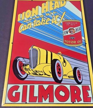 Vintage " Gilmore Lion Head Motor Oil " 18 " X 12 " Porcelain Metal Gasoline Sign