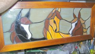 Stained Glass Wall Plaque 3 Horse Heads In Wood Frame Ready To Hang