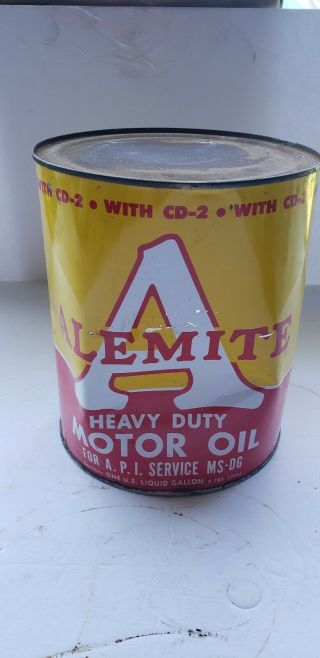 Vintage 1 Gallon Alemite Heavy Duty Motor Oil Can - Full