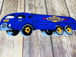 Vintage Blue Sunoco Die - Cut Gasoline Fuel Truck Metal Sign 14 " X 5 " Advertising