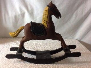 Vintage 9 1/2 " Tall Mini Hand Carved Wooden Rocking Horse Folk Art Pre - Owned