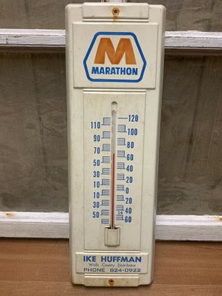 Vintage Marathon Service Advertising Thermometer Sign Wells County In Oil