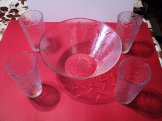 Coca Cola Large Glass Serving Bowl With 4 Large Glasses