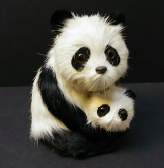 Vintage Panda Bear Mother And Baby Real Fur Collectible Figurine