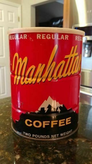 Vintage Manhattan Coffee Can 2lb Coffee Tin Litho Tin Regular Coffee Decor