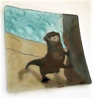 River Otter Fused Art Glass Decorative 5 Inch Square Plate Ecuador