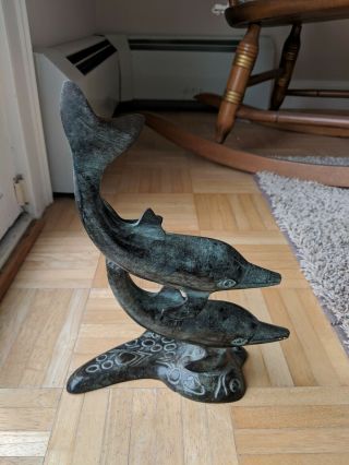 11 Inch Tall Heavy Brass Dolphins Statue - Weighs Over Two Pounds -