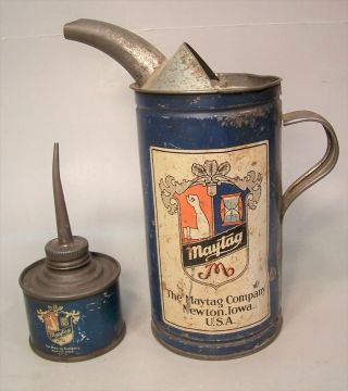 Antique Tin Maytag 7 Inch Fuel Mixing Can Pitcher And 5 1/2 Inch Oil Can