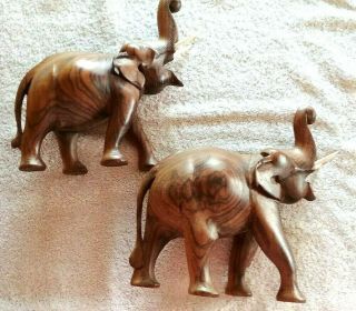 Two Vintage Carved Wooden Teak Elephants African India Statues Figurines