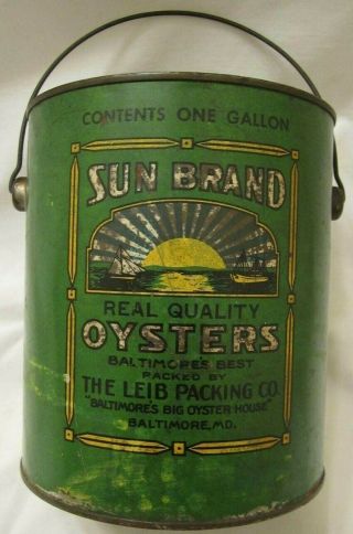 Old Sun Brand 1 Gallon Tin Litho Oyster Can Packed By Leib Packing Co.  Balto. ,  Md