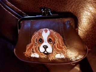 Brown Leather Coin Purse - Hand Painted Cavalier King Charles Spaniel
