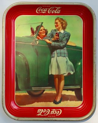 1942 Coca - Cola Tin Lithograph Advertising Serving Tray Girls W/ Car Coke Tray