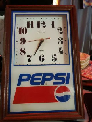 Vintage Pepsi Hanover Quartz Battery Operated Clock Wooden Frame.