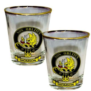 Shot Glass Thomson Clan Crest Gold Rim Set Of 2 Whisky Tots Scottish Made