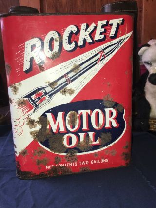 Vtg Rocket Motor Oil Collector Tin Can Pittsburgh Penn Service Station Man Cave