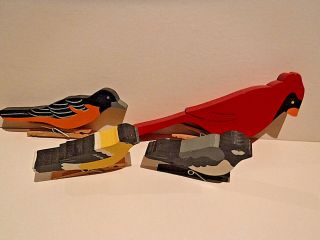 Vintage Handmade Birds - Cardinal,  Oriole,  Finch,  & Sparrow On Clothespins