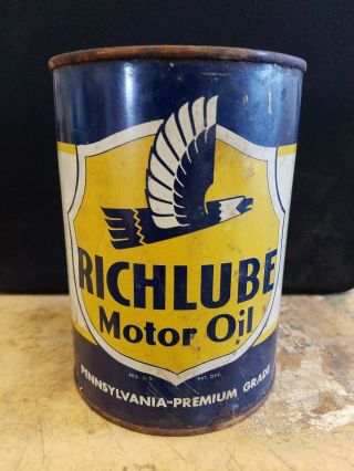 Vintage Richlube Qt Motor Oil Can Pennsylvania Premium Grade