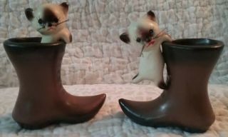 Pair Vintage Lego Ceramic Siamese Cat Kitten On A Boot Shoe Real Whiskers