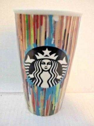 Starbucks 2015 Paint Drip Stripes Ceramic Travel Tumbler Mug Coffee Painted