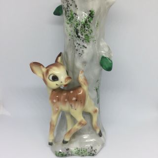 Vintage Japan Bambi Deer Fawn White Tree Stump Vase Tree Leaves