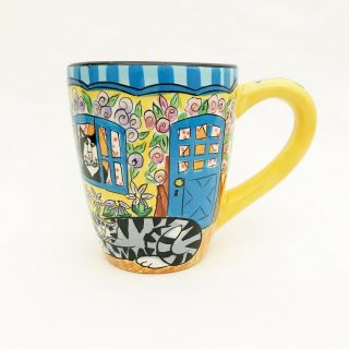Catzilla Cat Mug Hand Painted Candace Reiter Yellow Blue Floral Cottage 2004