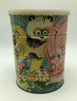 Vintage Folger ' s Tin Coffee Can Jungle Animals Zoo Pink Elephant Lion Monkeys 4