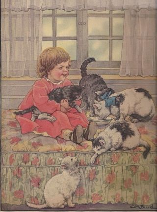 Little Girl With Cats Kittens On Cushion C M Burd Authentic Vintage Print 1928