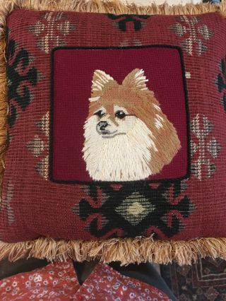 Adorable Pomeranian Dog Handmade Needlepoint Embroidery Pillow 13” X 13”