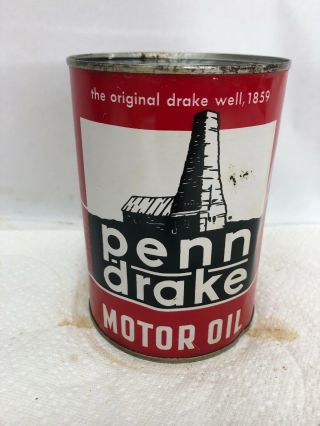 Vintage Metal Quart Oil Can Penn Drake Motor Full Pennsylvania
