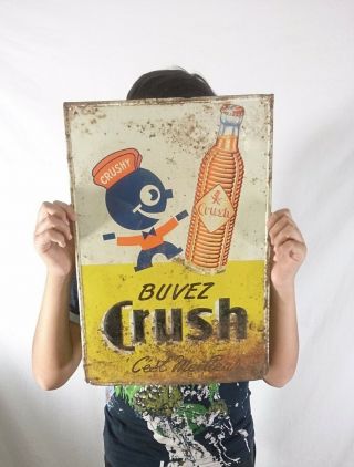 Vintage Orange Crush Soda Embossed Tin Sign Crushy Buvez Crush Rare
