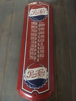 Vintage Red Pepsi Cola Thermometer 27 " X 8 " Metal Soda Pop Sign