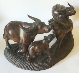Hand Carved Solid Wood Water Buffalo Oxen Cattle Group Encounter Scene