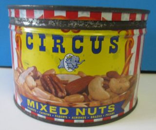 Vintage 1957 Circus Mixed Nuts Peanuts 13 Oz.  Tin Can