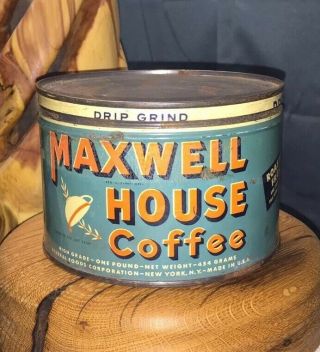 Vintage Maxwell House Coffee Empty Tin Can 1 Lb.  3 1/4 " High With Lid