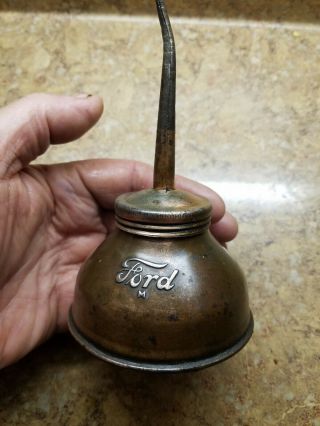 Antique Ford Oil Can Vtg Oiler Spout Copper Plated Model A T Script 1930s Oem