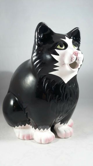 11 " Black & White Ceramic Cat Beverage Pitcher By Clay Art1989 Adorable Exc Cond