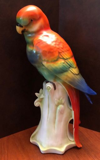 Antique German Porcelain 14” Red Budgie Parakeet Parrot Tall Figurine