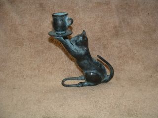 Old Vintage Solid Metal Cat Holding A Tea Cup For Perhaps A Candle Holder ?