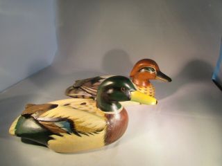Two (2) Large Decorative Wooden Ducks W Glass Bead Eyes 10 Inches Long