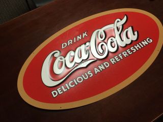 Oval Metal Drink Coca Cola Delicious & Refreshing Sign 28 " X 15,  5 "